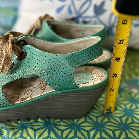 FLY LONDON Lace Up Wedge Open Toe Shoe (Dark Mint Green) - Picture 3 of 10